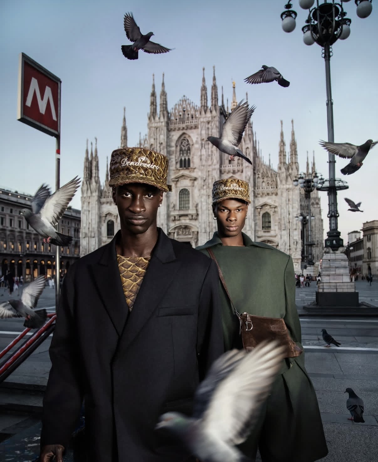 Models in Dendezeiro looks in front of the Duomo at Milano Fashion Week